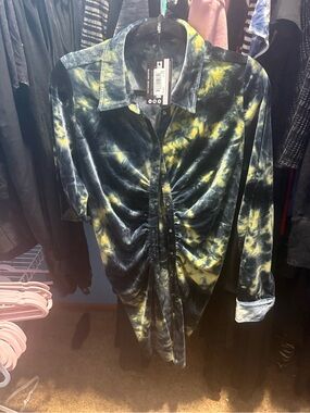 Jaded London Black and Yellow Tie-Dye Ruched Button-Down Shirt